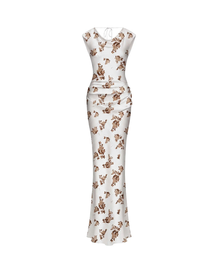 Lucy maxi, ivory satin maxi dress with brown flowers
