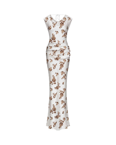 Lucy maxi, ivory satin maxi dress with brown flowers