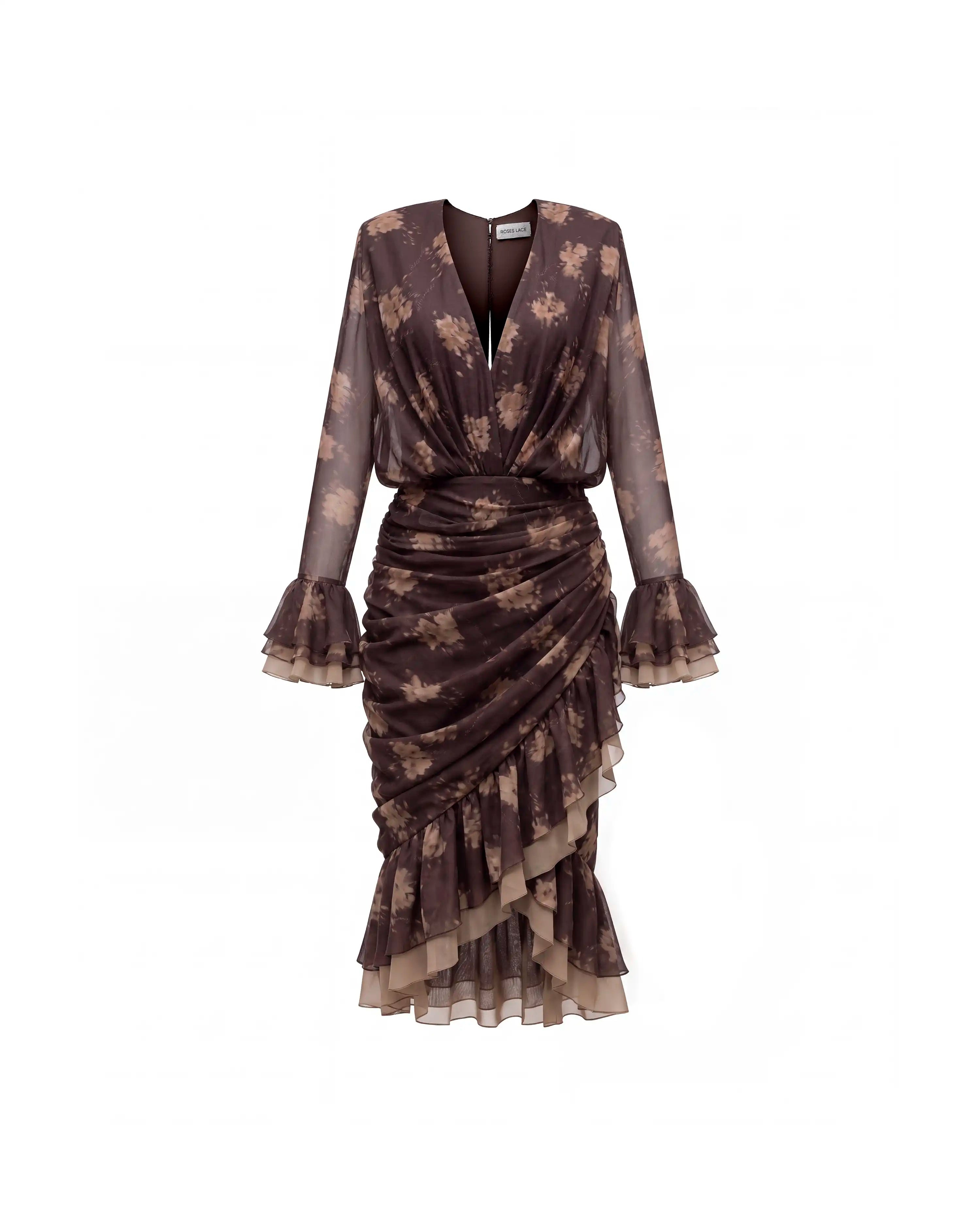 Mira midi, chocolate chiffon midi dress with beige flowers