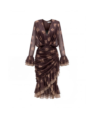 Mira midi, chocolate chiffon midi dress with beige flowers