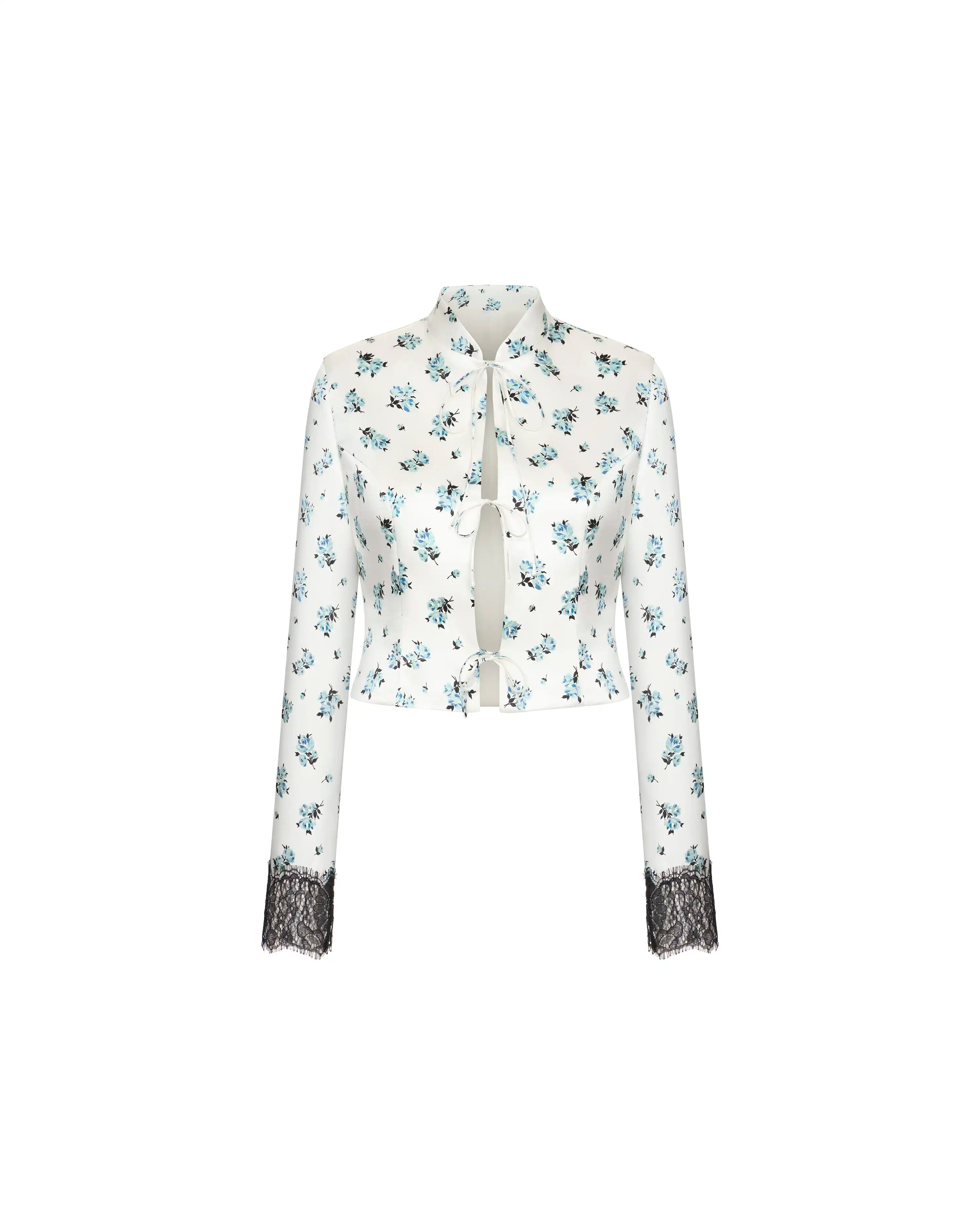 Chona, milky satin jacket with a floral print and black lace trim