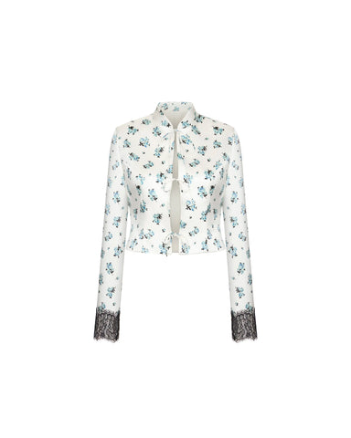 Chona, milky satin jacket with a floral print and black lace trim