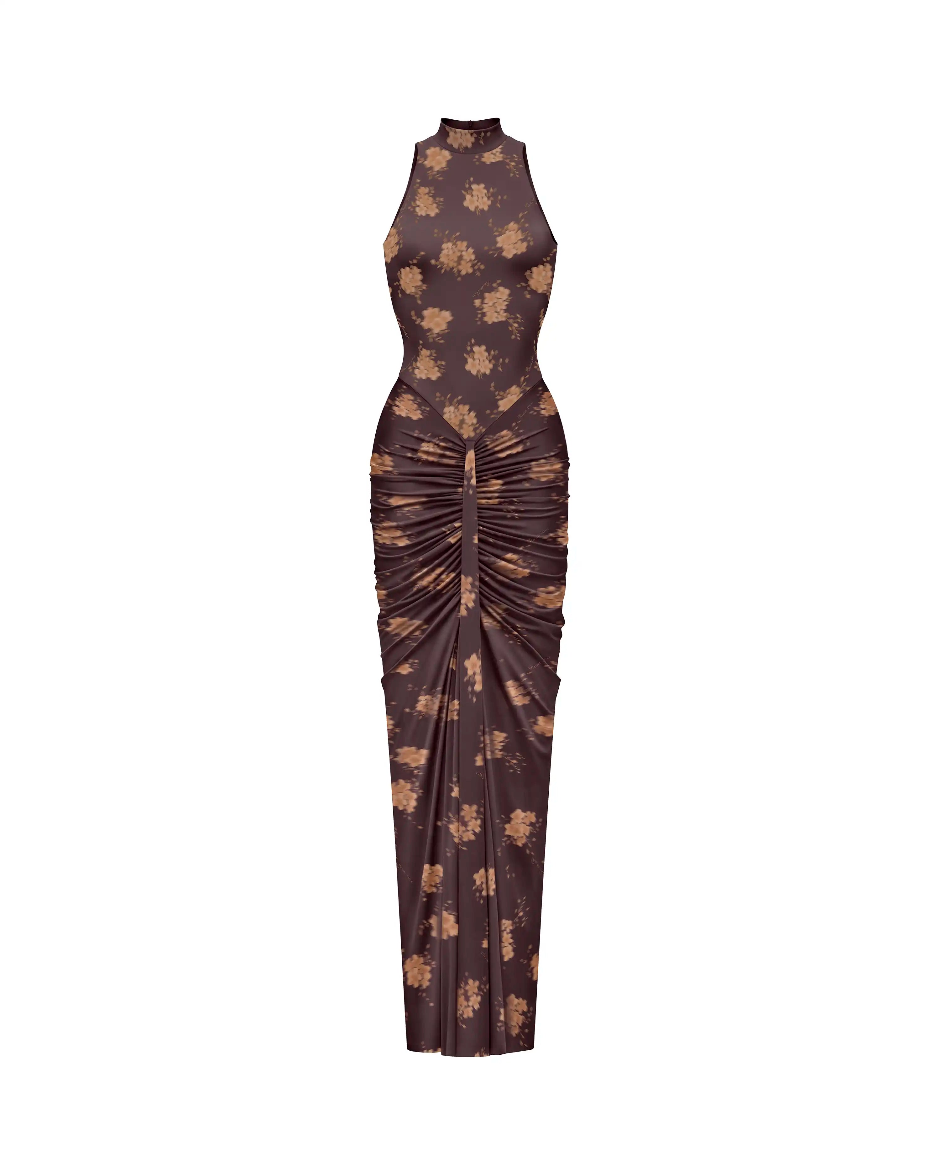 Ivy maxi, chocolate biflex maxi dress with floral print