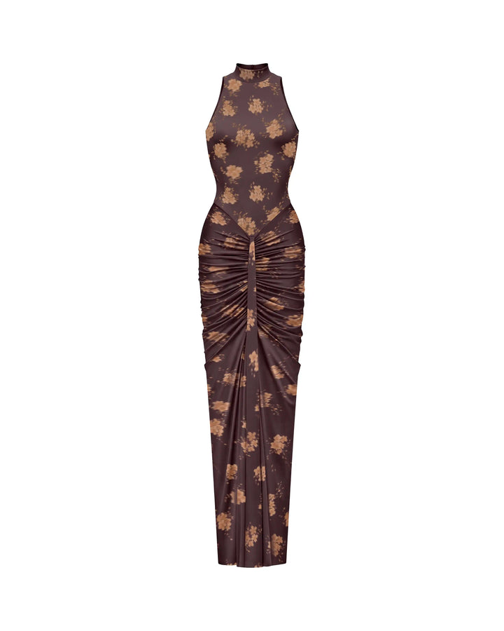 Ivy maxi, chocolate biflex maxi dress with floral print