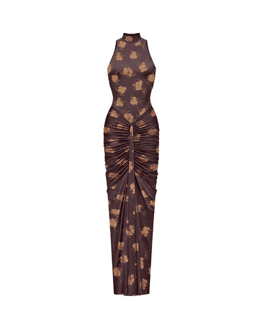 Ivy maxi, chocolate biflex maxi dress with floral print