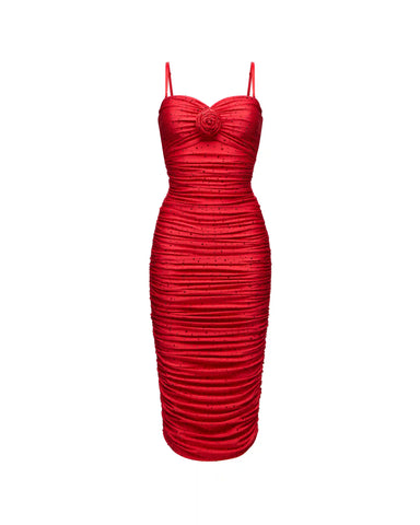 Nicole, midi dress made of red biflex with rhinestones and a rose