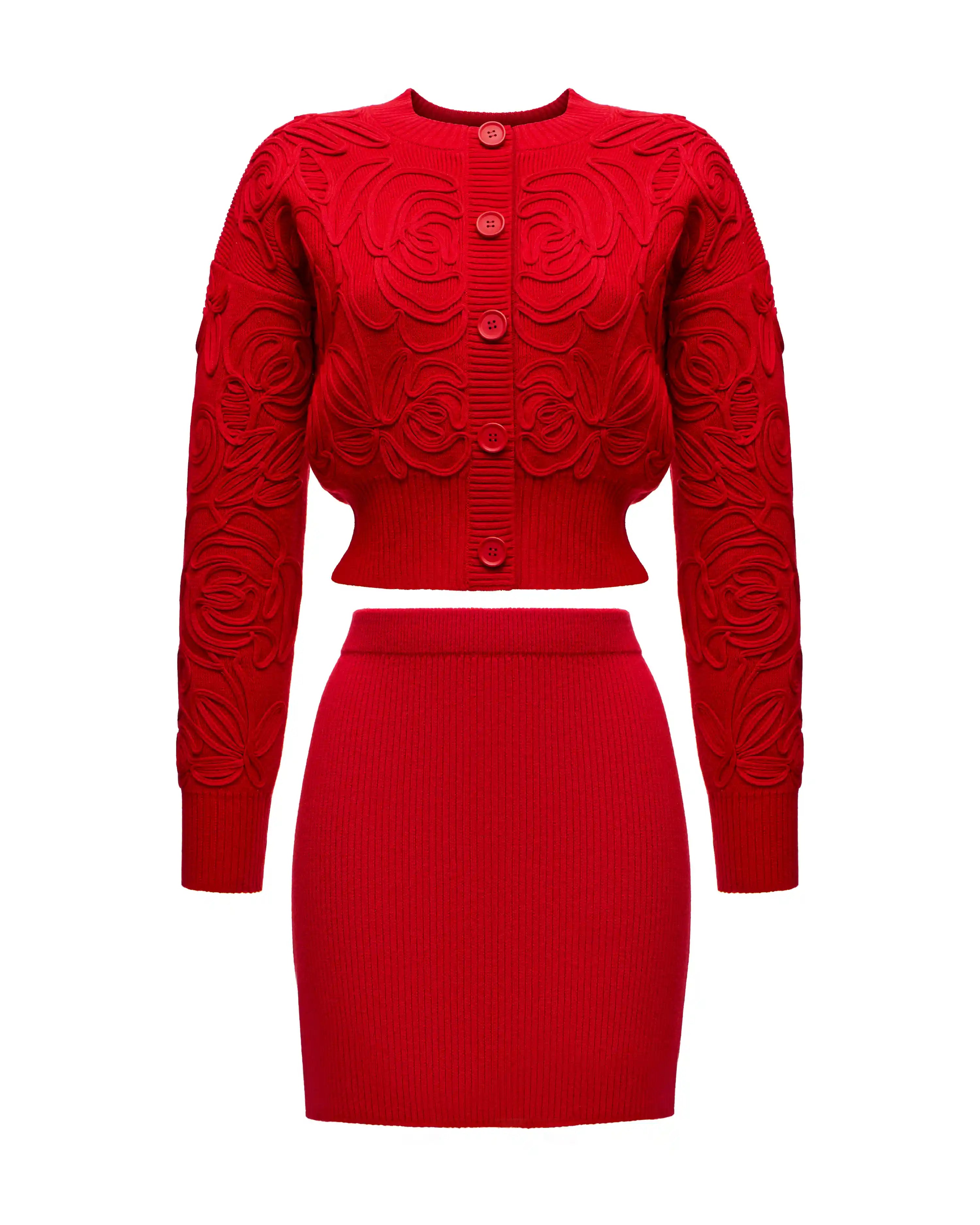 Maryl-Donna mini, knitted set, sweater and skirt mini made of red cotton