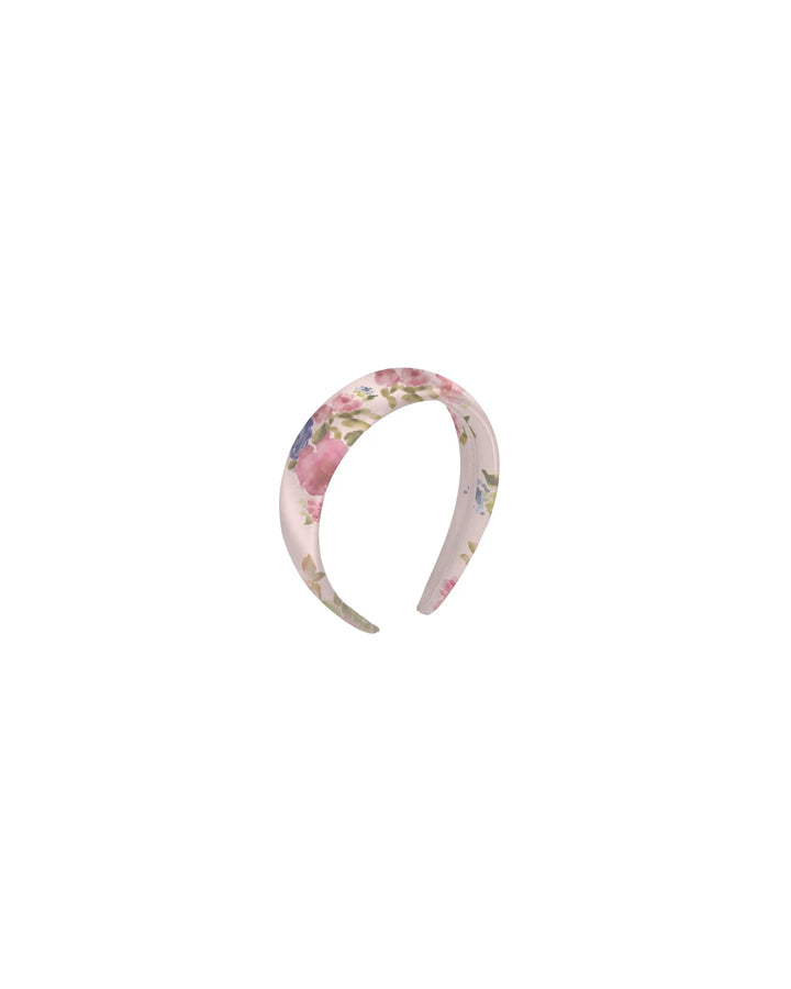 Noelia, headband in light pink satin with a floral print