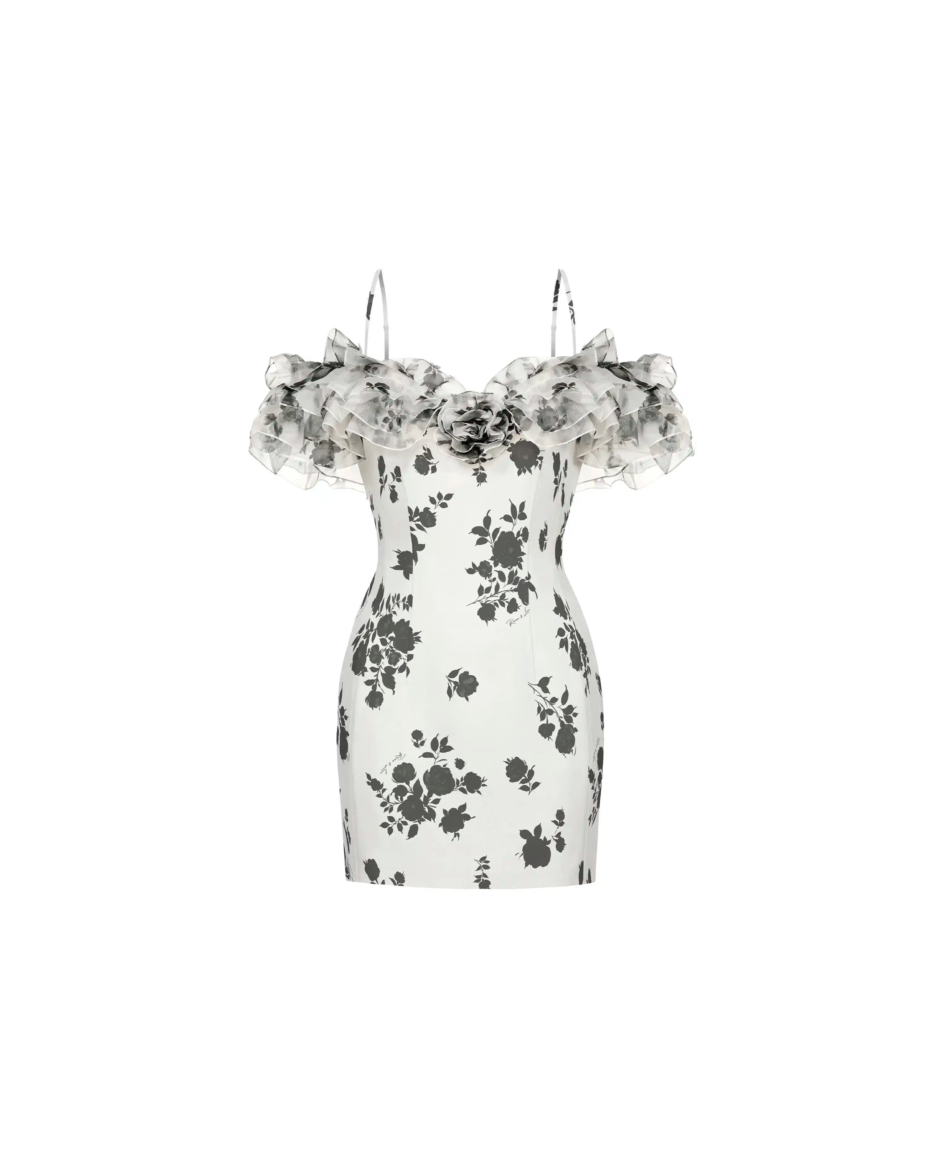 May mini, milky organza mini dress with floral print, ruffles, and a rose