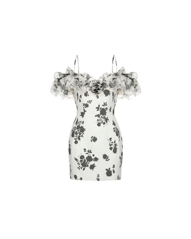 May mini, milky organza mini dress with floral print, ruffles, and a rose