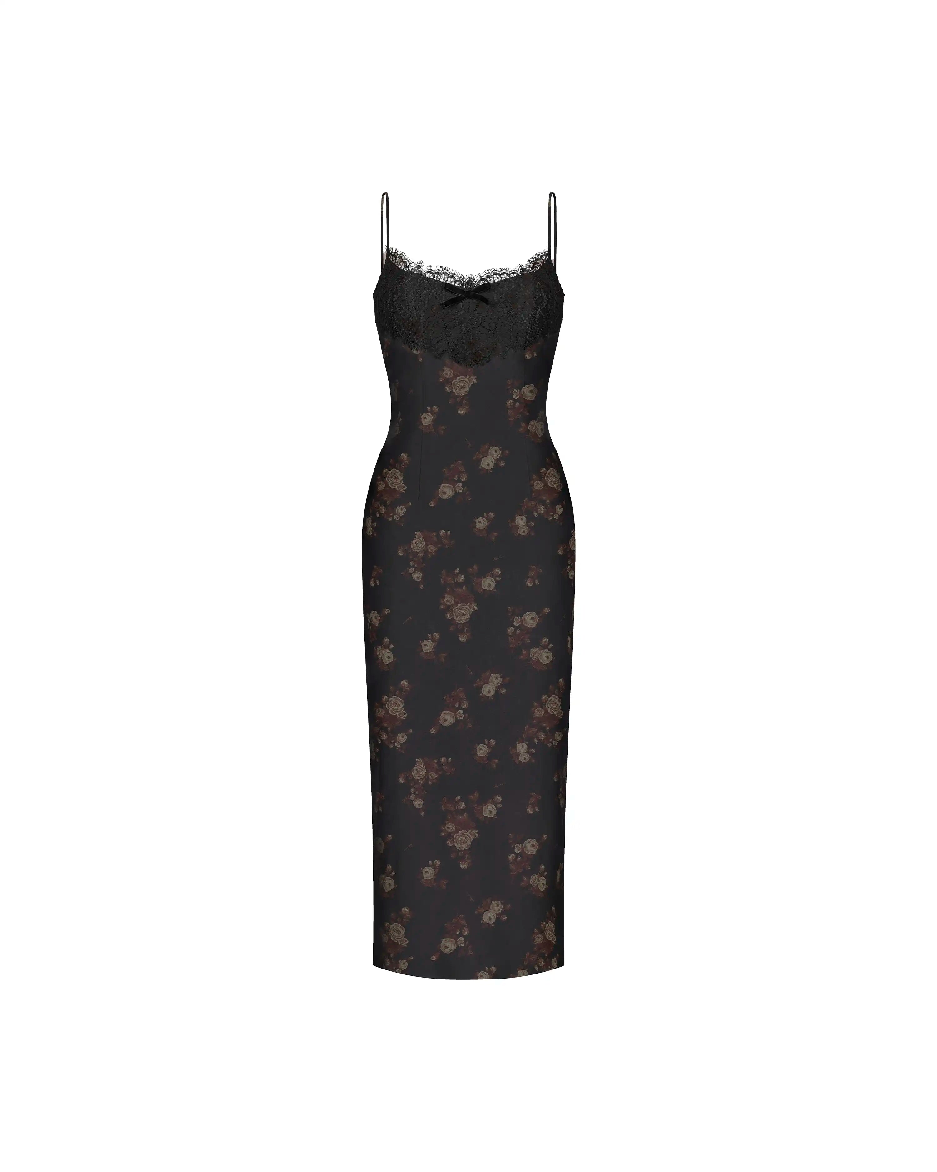 Andreana midi, black crepe de chine midi dress with floral print