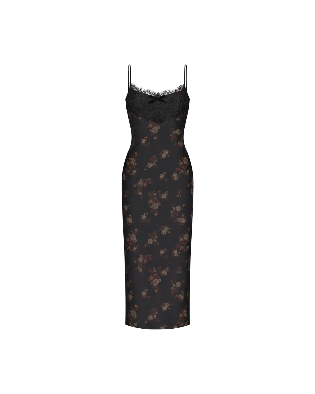 Andreana midi, black crepe de chine midi dress with floral print
