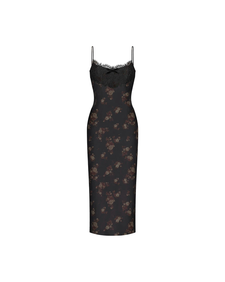 Andreana midi, black crepe de chine midi dress with floral print