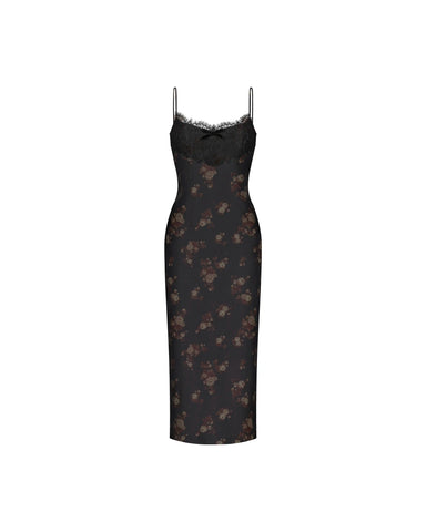Andreana midi, black crepe de chine midi dress with floral print