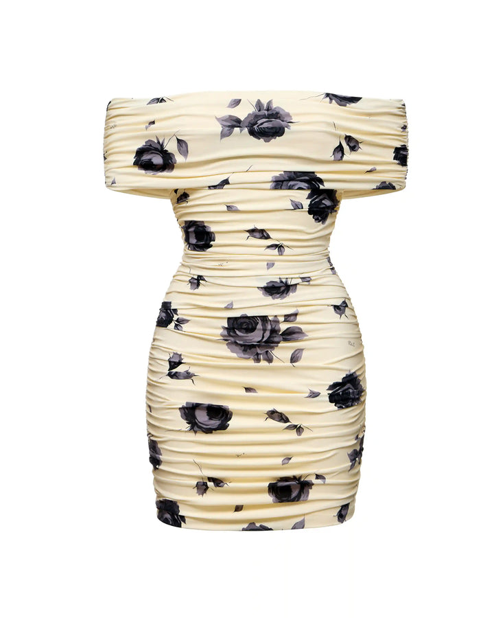 Iren mini, midi dress made of yellow biflex with gray flowers