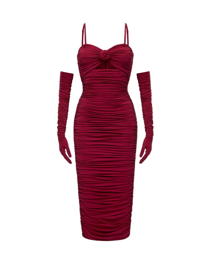 Nicole, midi dress made of burgundy biflex with a rose
