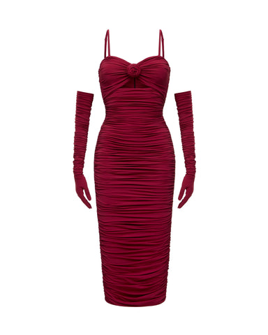 Nicole, midi dress made of burgundy biflex with a rose