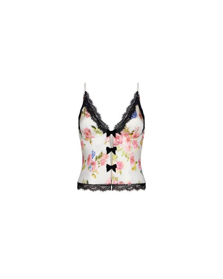 Tyla, milky satin top with a floral print and black lace trim