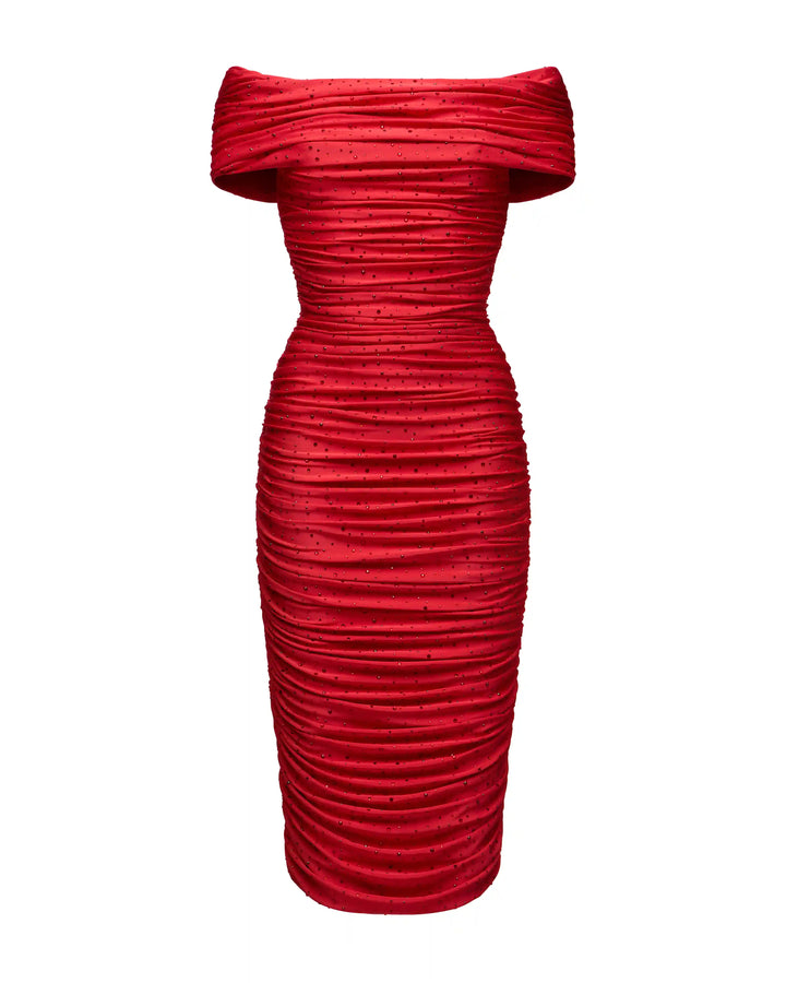 Iren, midi dress made of red biflex with rhinestones