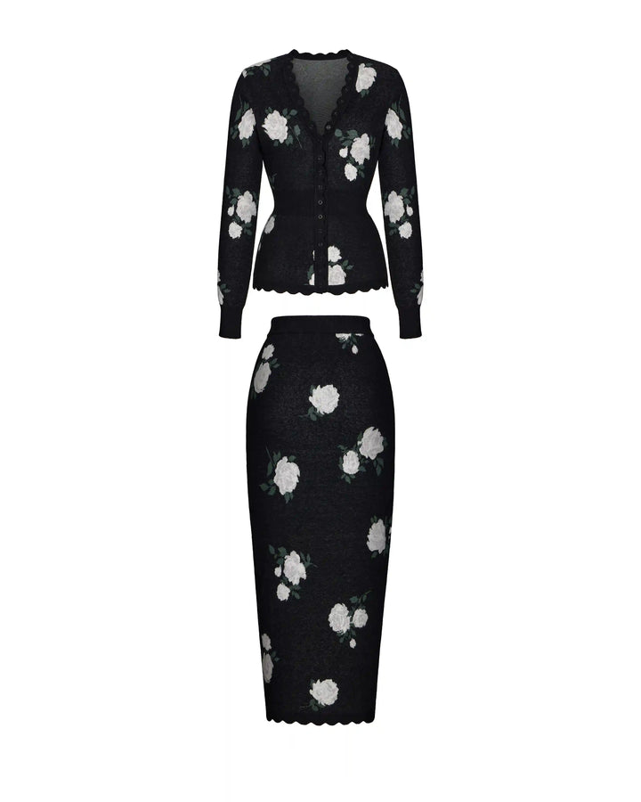 Lana-Trisha, knitted set with midi skirt made of black cotton with floral print