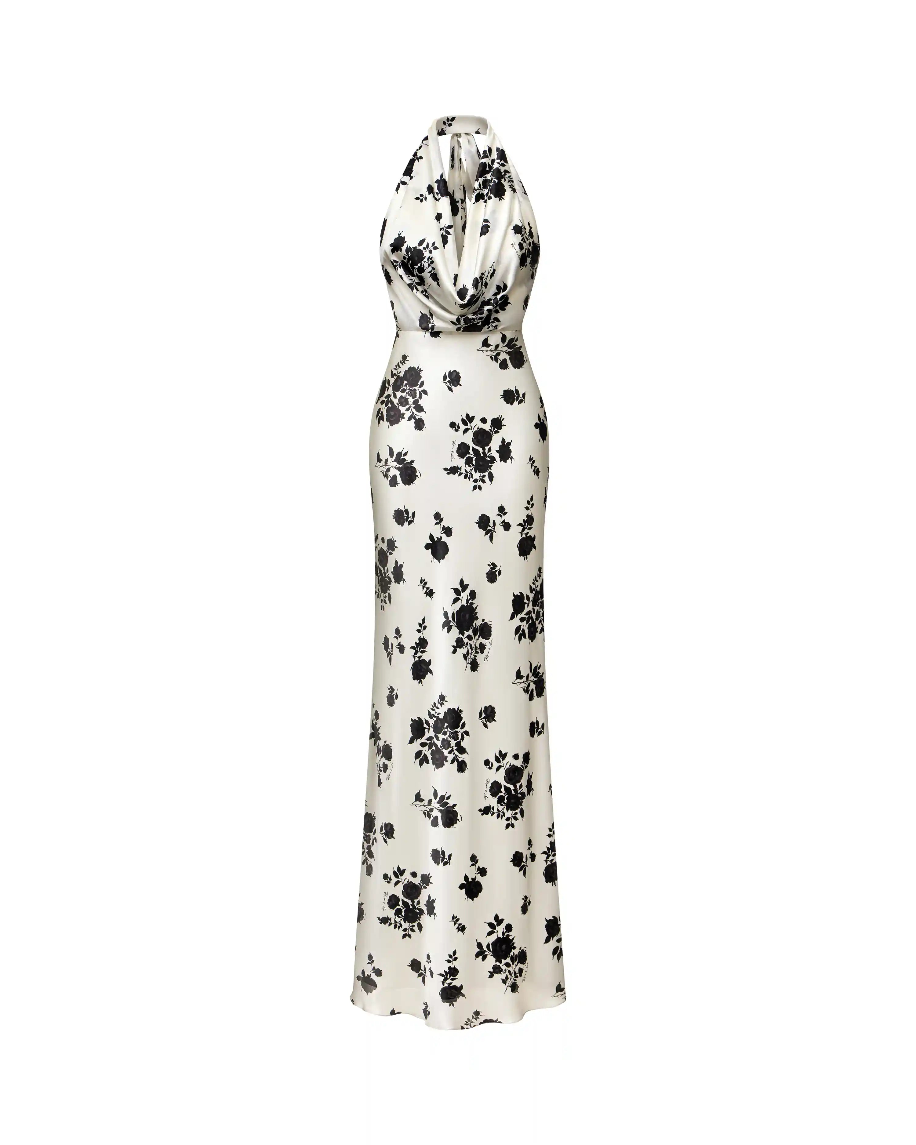 Alia maxi, maxi dress with  a choker made of ivory satin with floral print