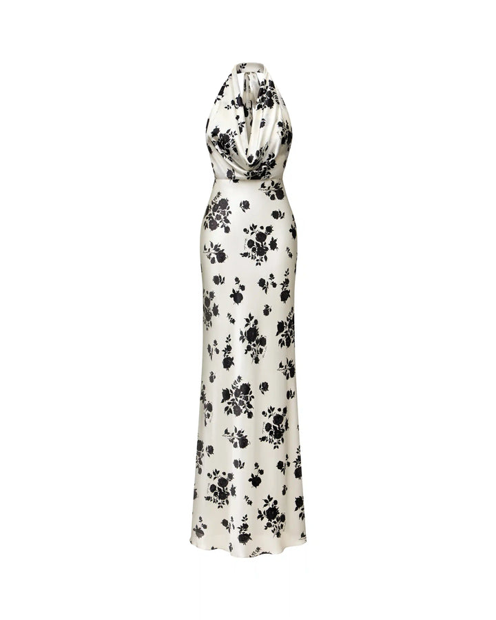 Alia maxi, maxi dress with  a choker made of ivory satin with floral print