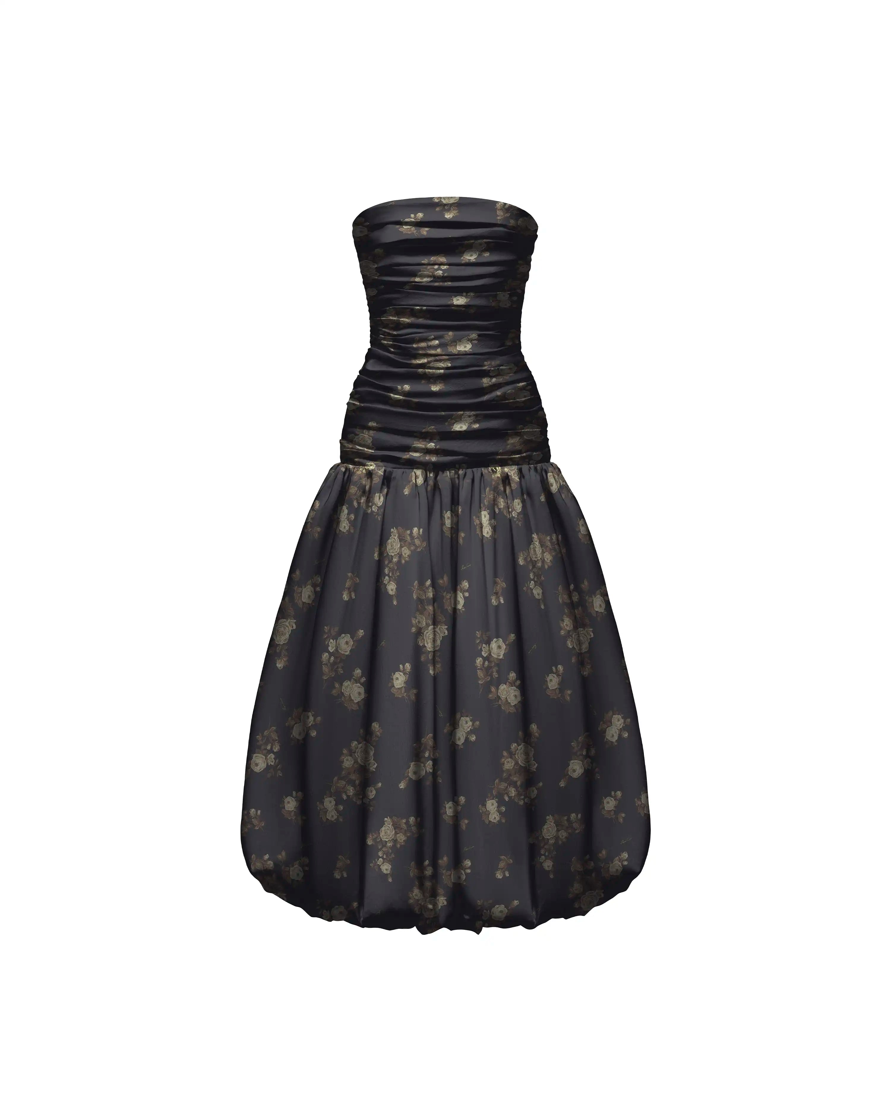 Taylor midi, black taffeta midi dress with brown flowers