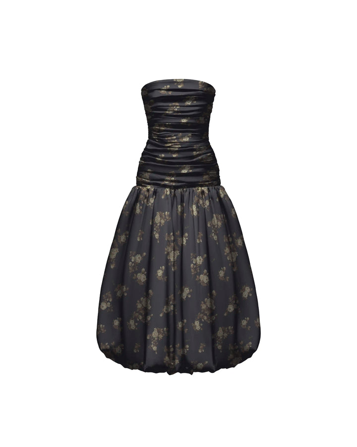 Taylor midi, black taffeta midi dress with brown flowers