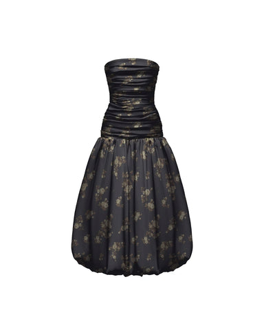 Taylor midi, black taffeta midi dress with brown flowers