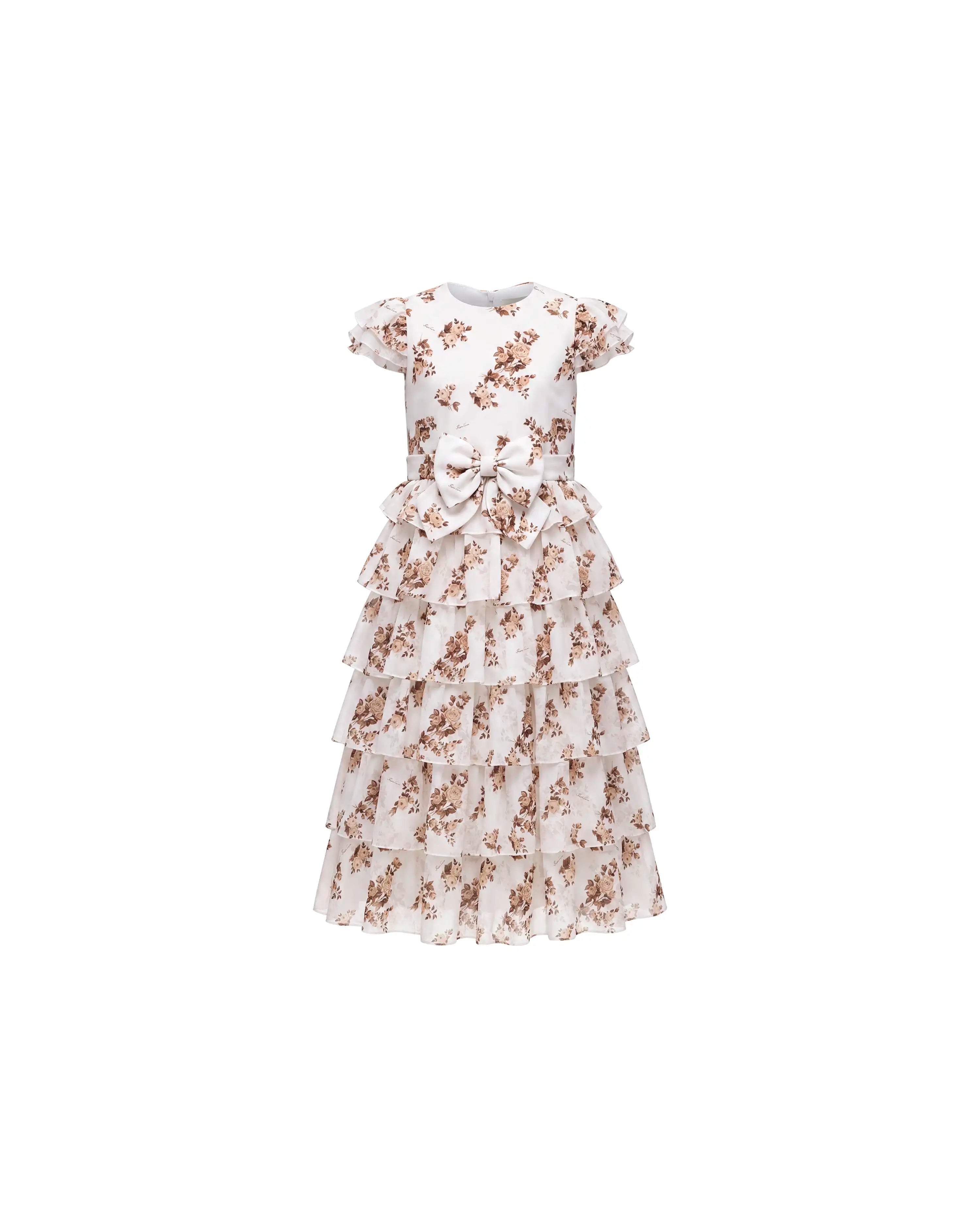 Ava, ivory crepe de chine children's dress with brown flowers
