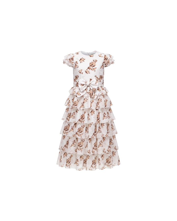 Ava, ivory crepe de chine children's dress with brown flowers