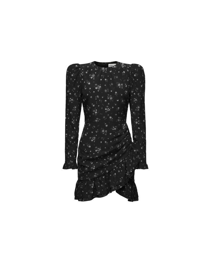 Charlotte mini, black crepe de chine mini dress with floral print