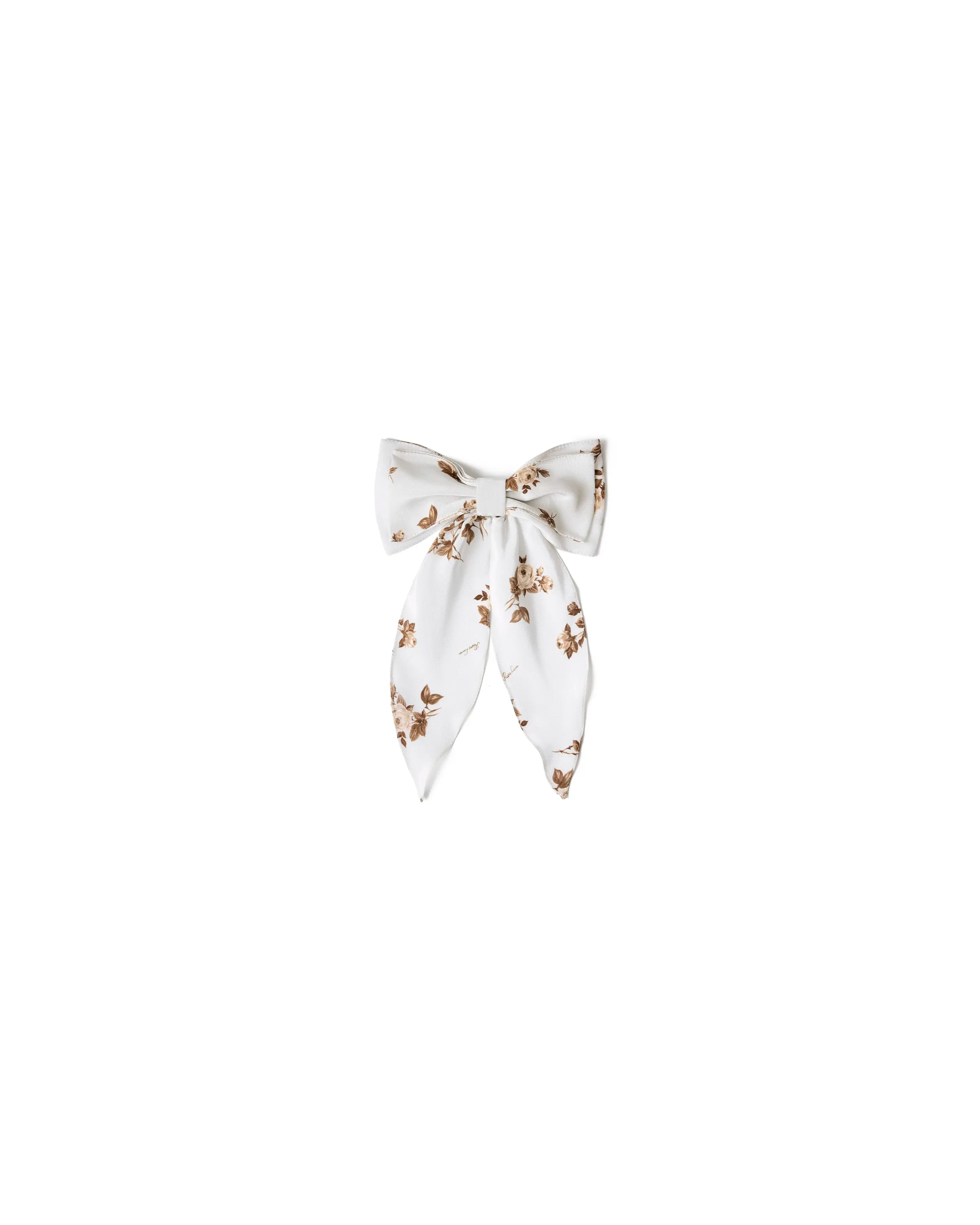 Mireya, milky crepe de chine bow hair clip with brown flowers
