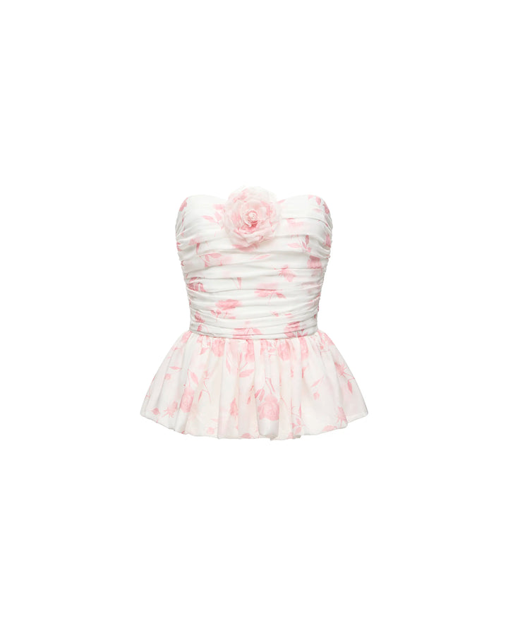 Rosalie, ivory chiffon corset top with medium light pink flowers