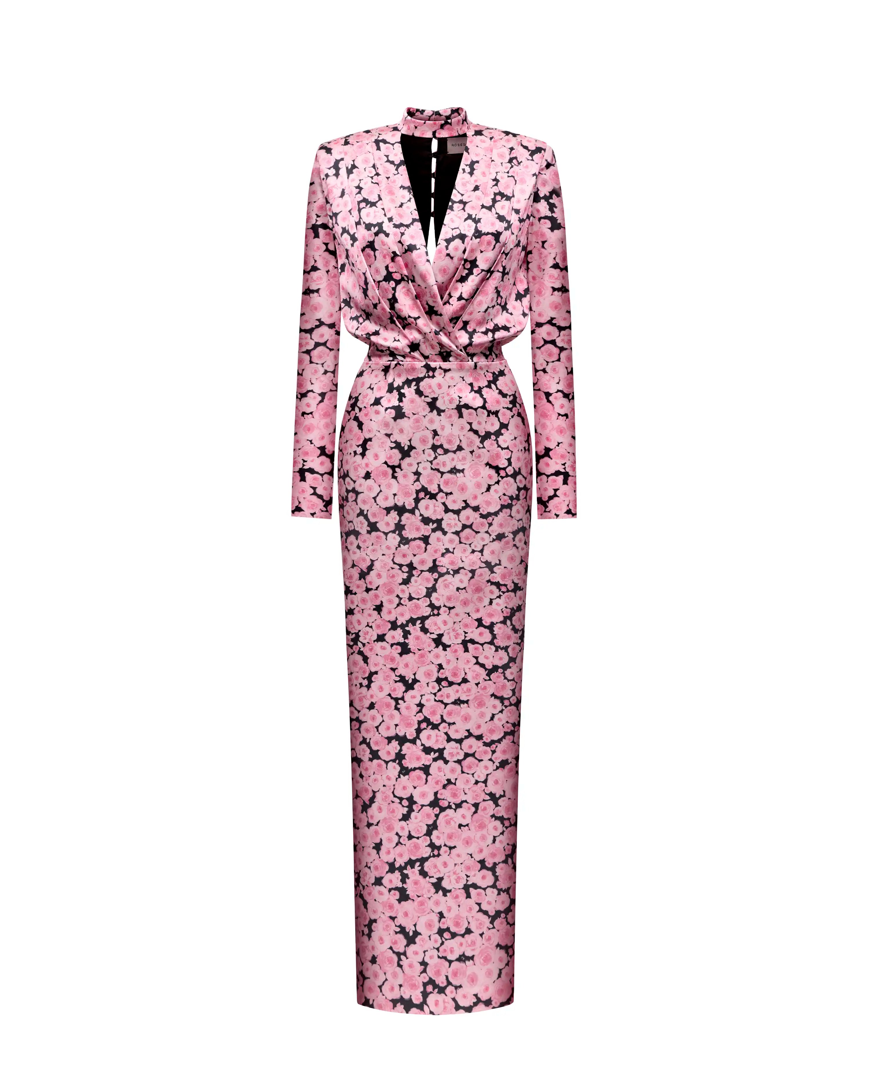 Jasmine maxi, satin maxi dress in black with medium pink flowers