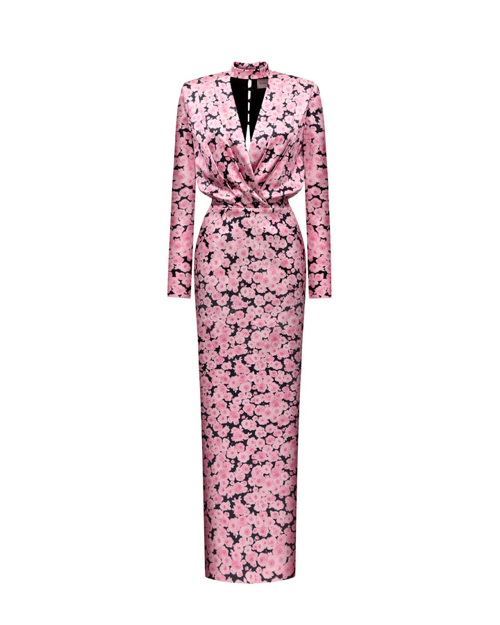 Jasmine maxi, satin maxi dress in black with medium pink flowers