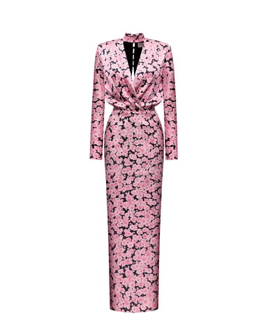 Jasmine maxi, satin maxi dress in black with medium pink flowers
