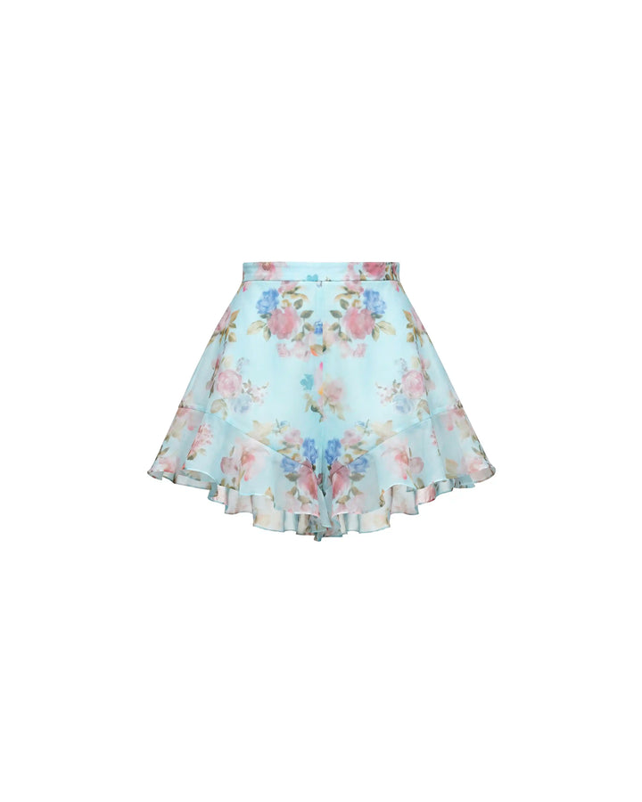 Audrie, shorts with ruffles in blue chiffon with a floral print