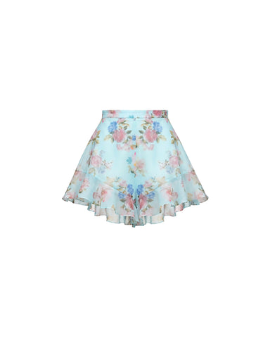Audrie, shorts with ruffles in blue chiffon with a floral print