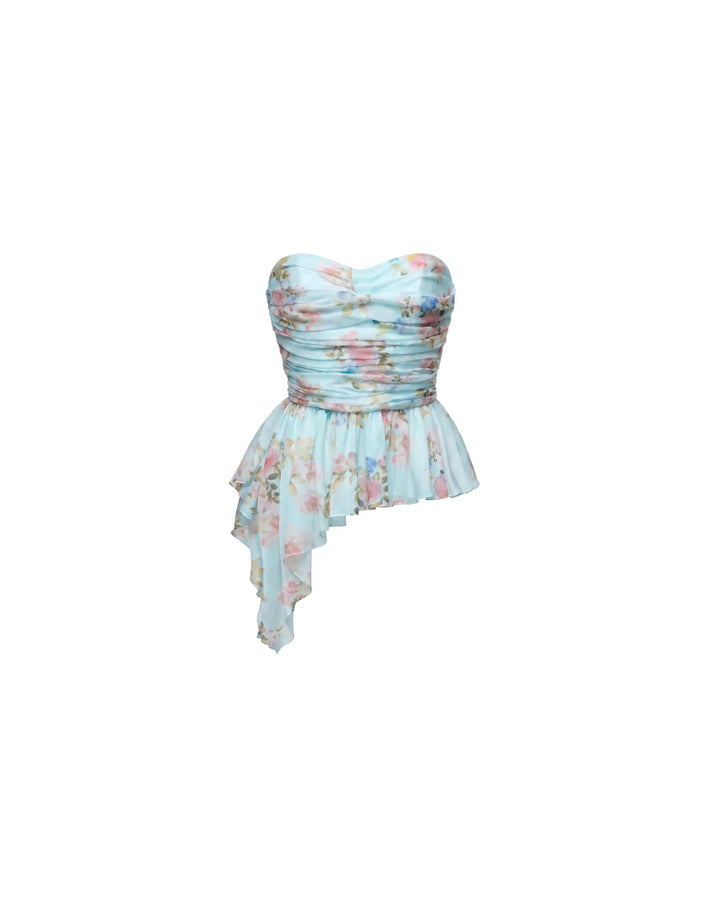 Joan, corset top in blue chiffon with a floral print