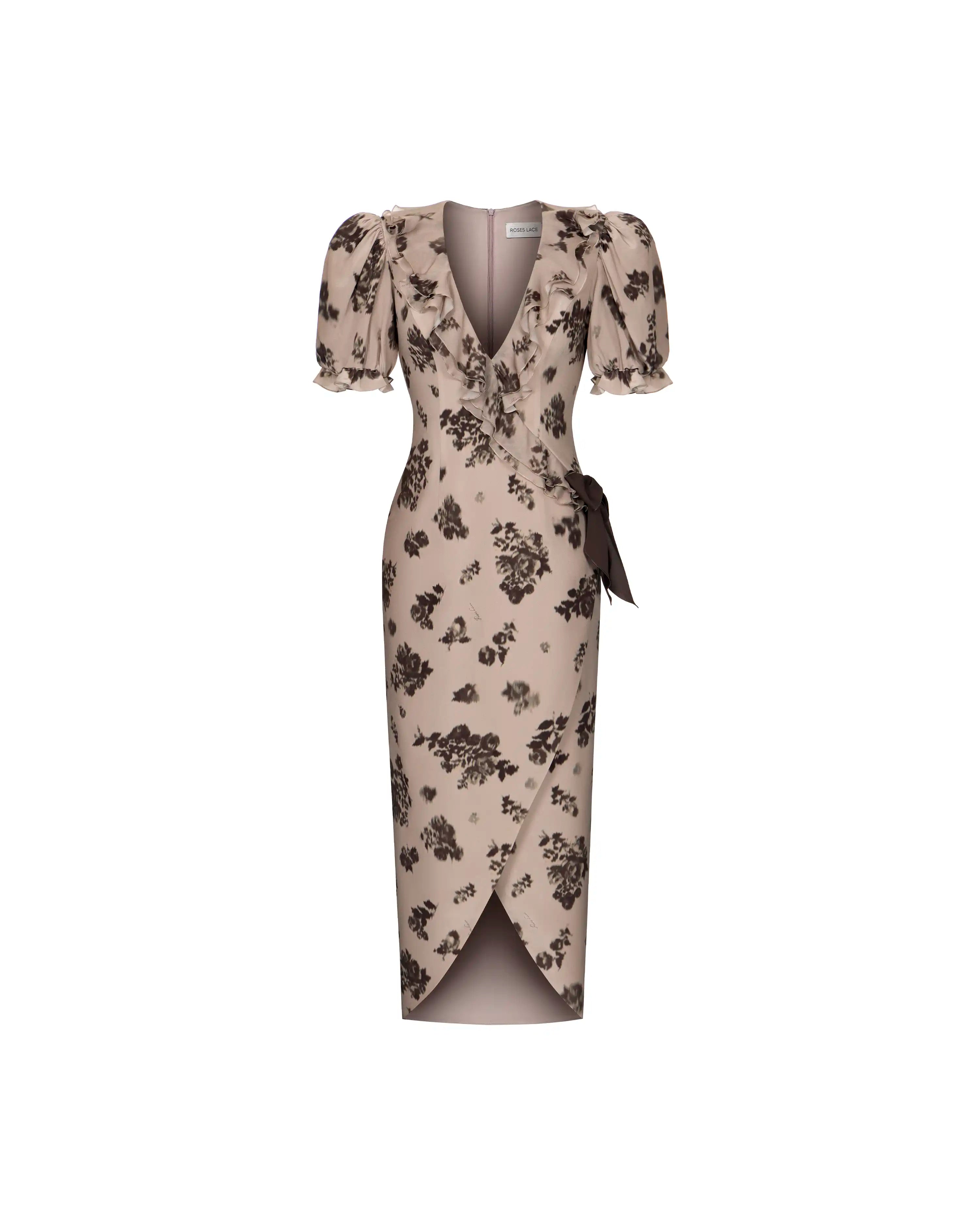Pamela midi, beige crepe de chine midi dress with chocolate flowers