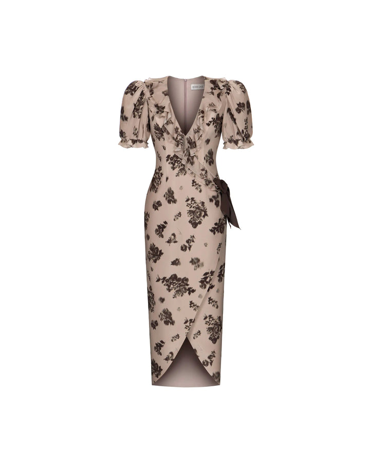 Pamela midi, beige crepe de chine midi dress with chocolate flowers