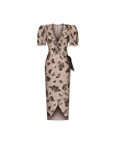 Pamela midi, beige crepe de chine midi dress with chocolate flowers