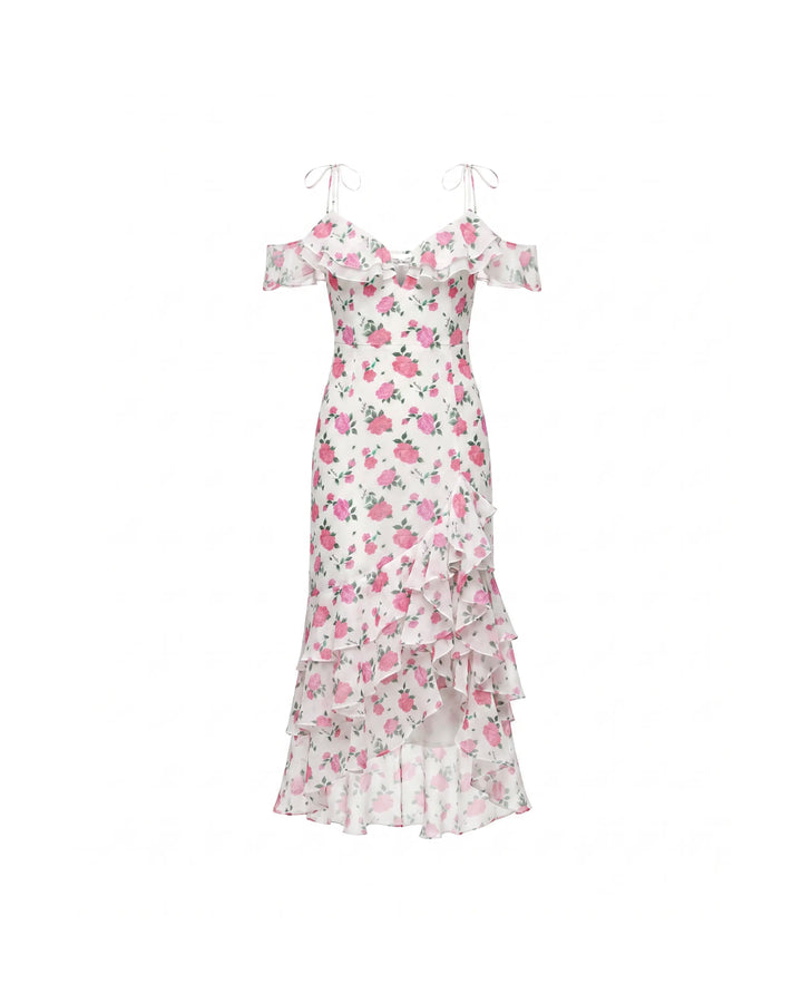 Monika midi, midi dress in milky chiffon with medium raspberry flowers