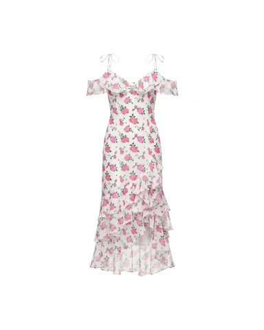 Monika midi, midi dress in milky chiffon with medium raspberry flowers