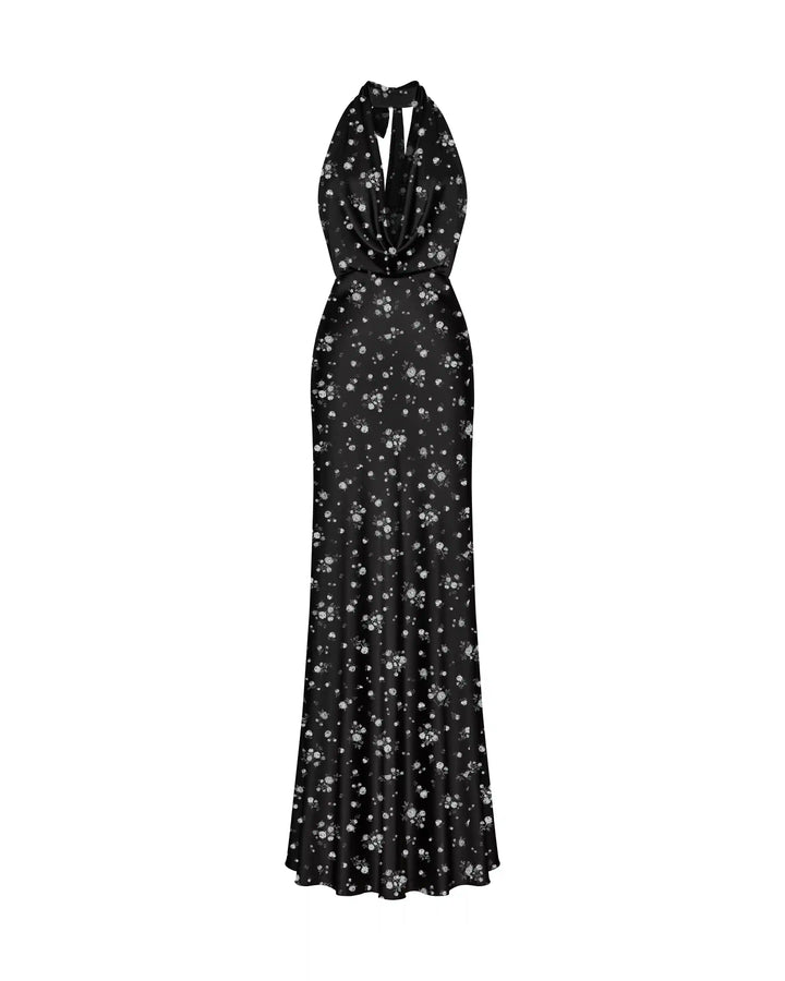 Alia maxi, maxi dress with  a choker made of black satin with floral print