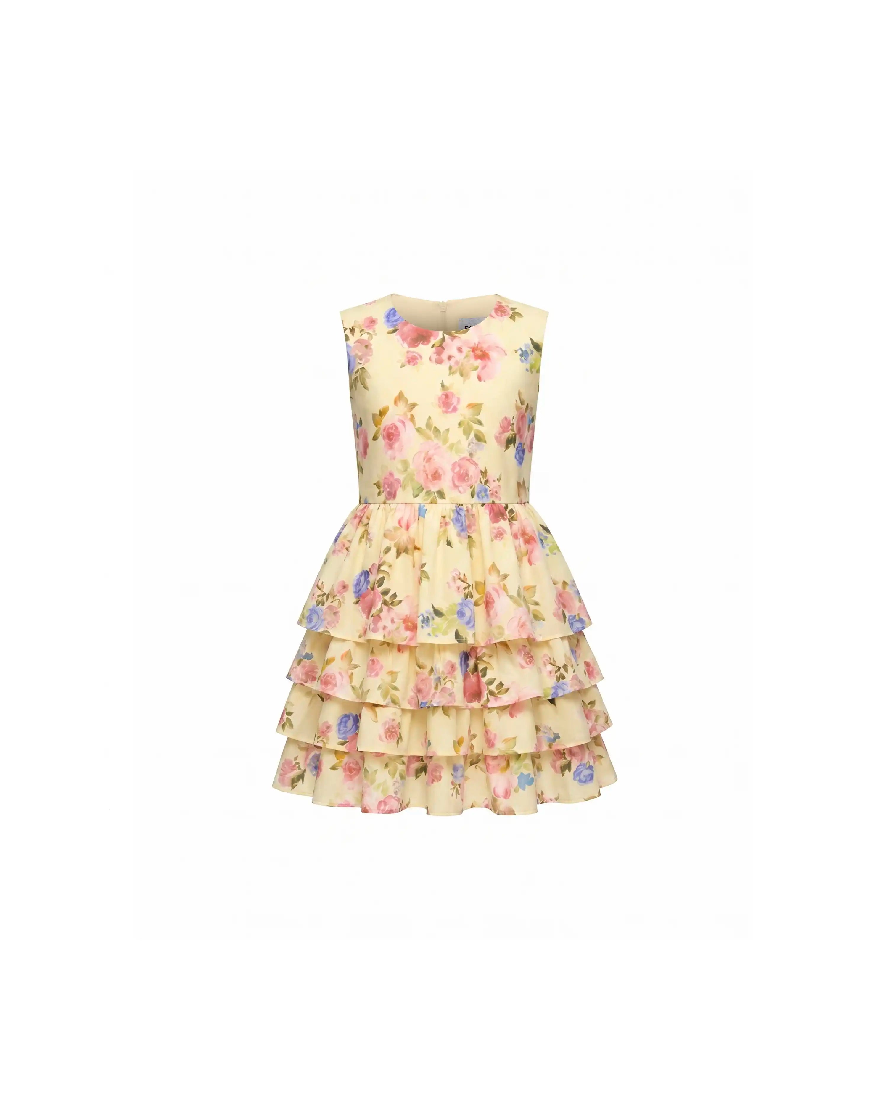 Fifi no sleeves, children's dress in pale yellow crepe de chine with a floral print