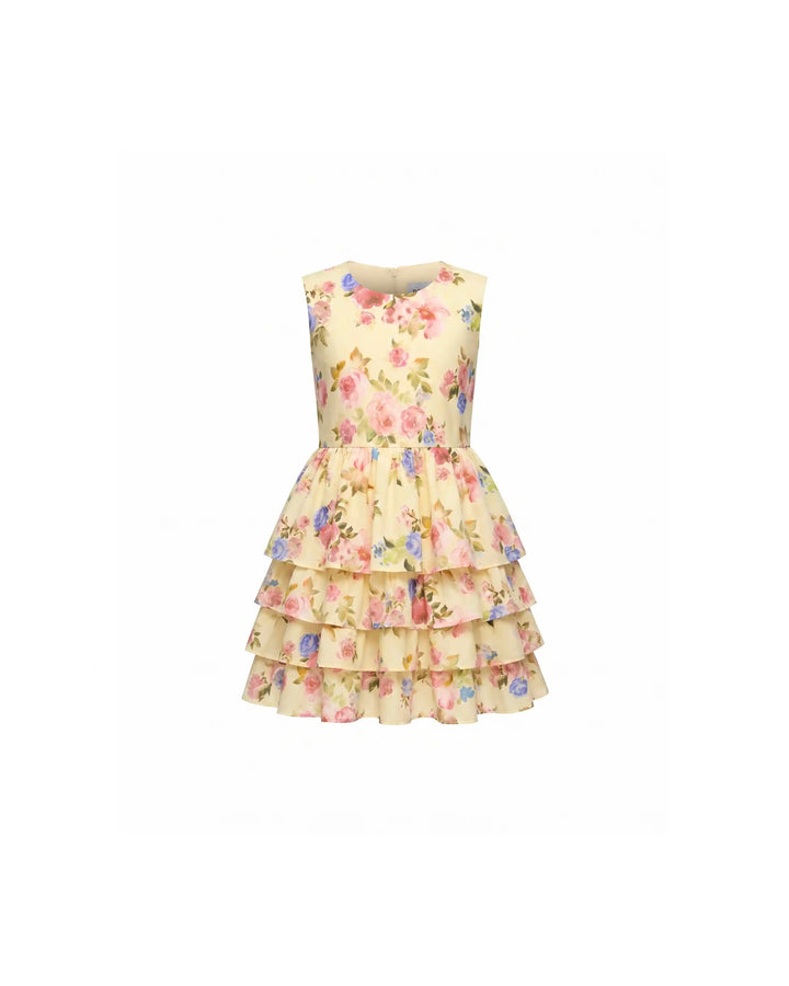 Fifi no sleeves, children's dress in pale yellow crepe de chine with a floral print