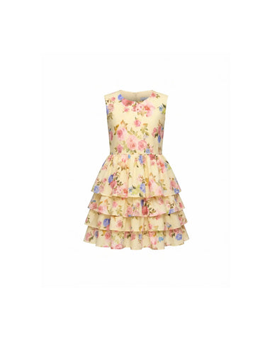 Fifi no sleeves, children's dress in pale yellow crepe de chine with a floral print