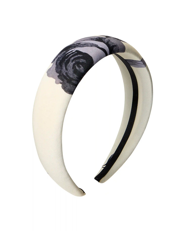 Noelia, headband made of yellow biflex with gray flowers